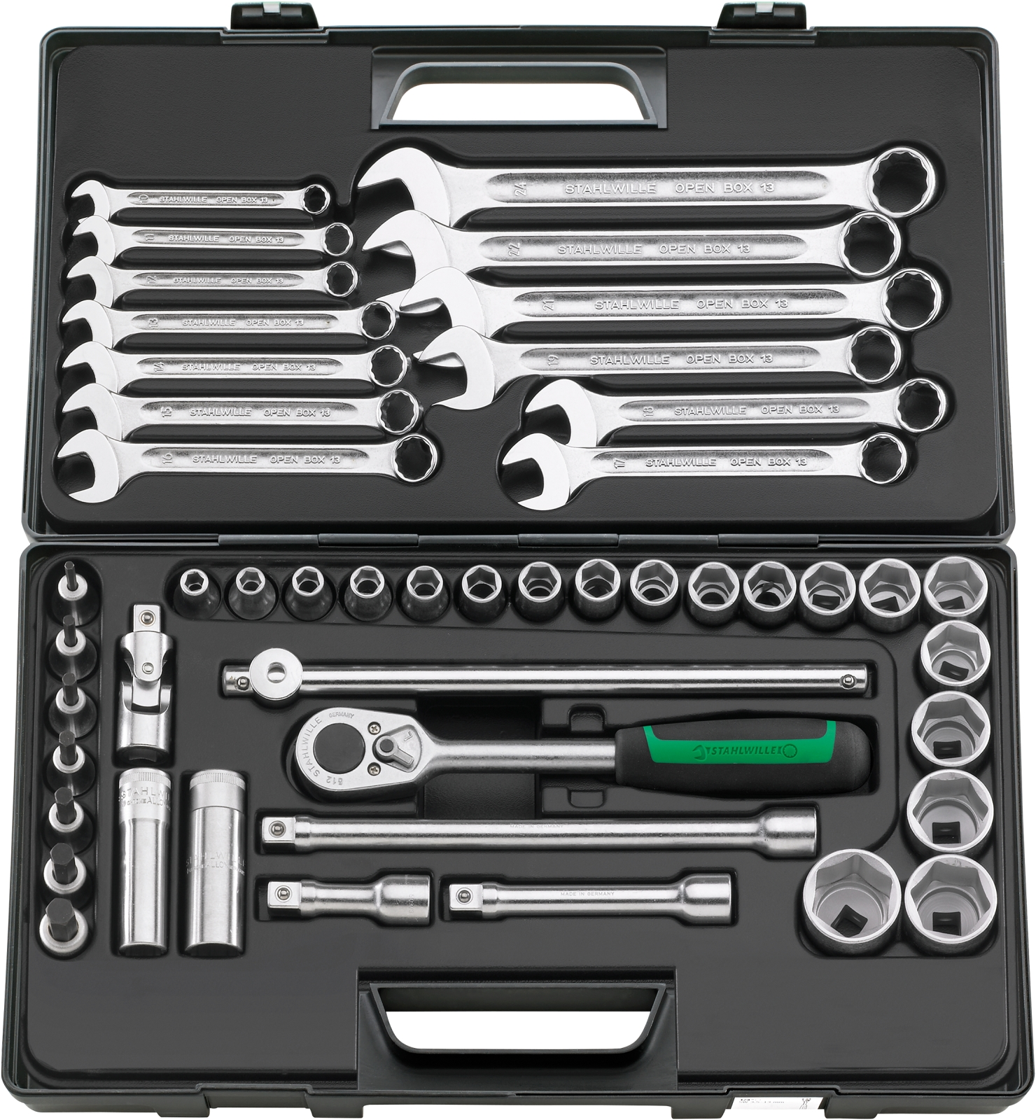 Socket set and combination spanners, 1/2 inch square drive 47 pieces